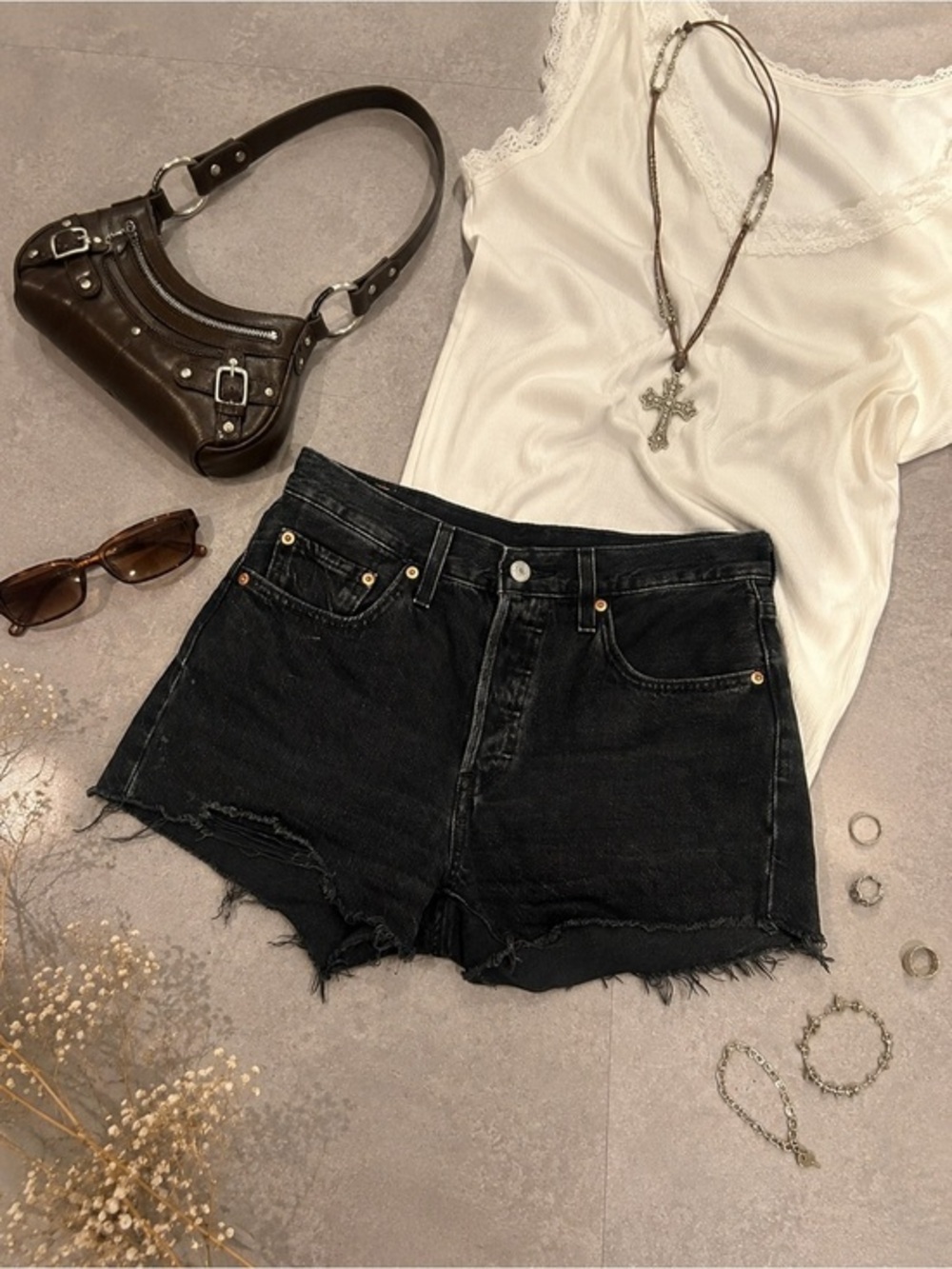 Levi's 501 Black Cutoff Denim Shorts W27 High Rise Distressed Raw Hem